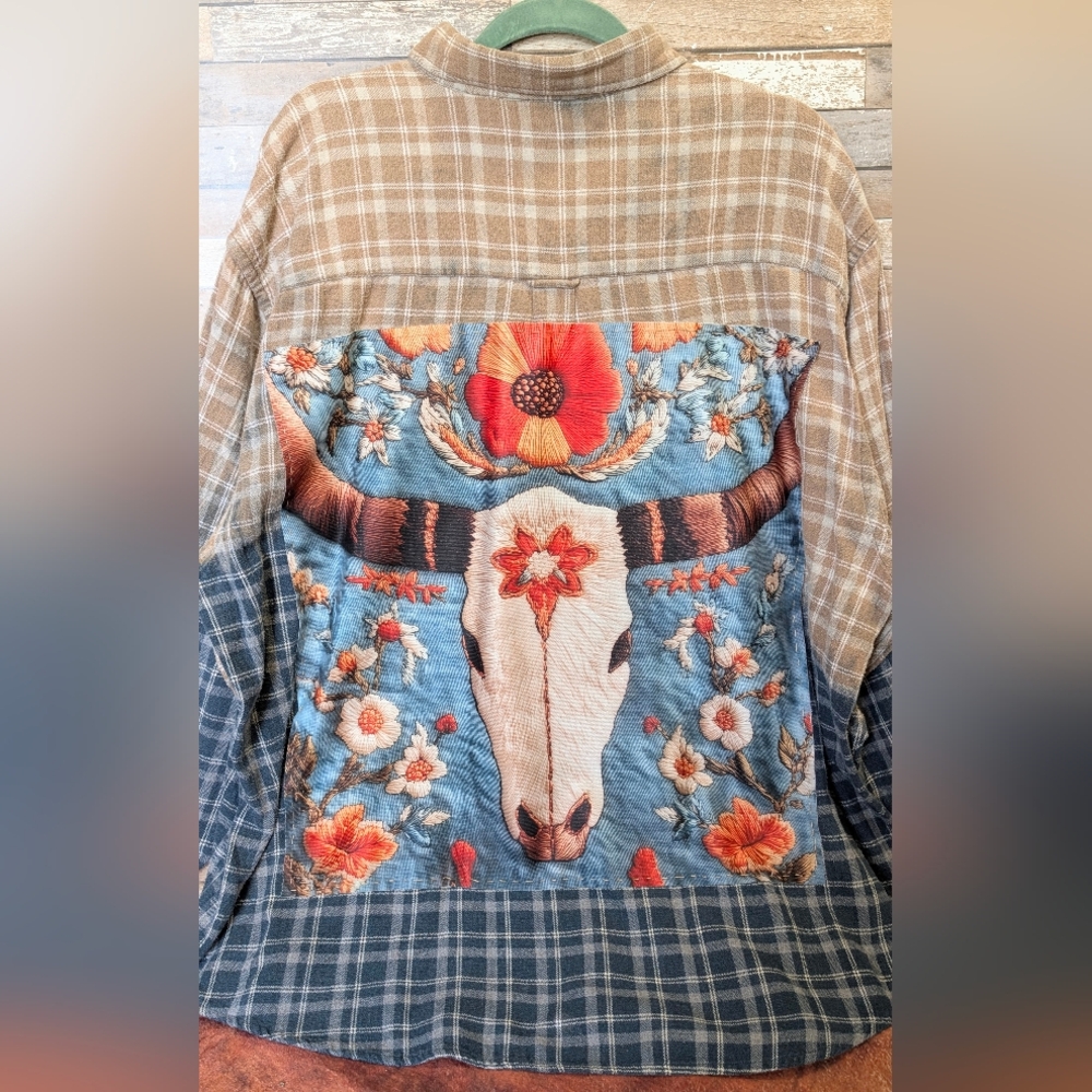 Bull Skull & Floral Design Upcycled Boho Western Dip Dye Bleach Flannel Shirt - Picture 2 of 15